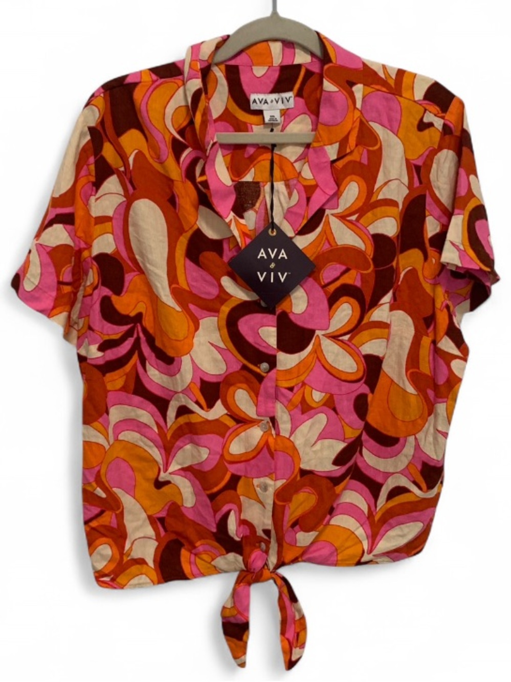 Ava & Viv Pink Orange Retro Tie-Front Short Sleeve Button Down Blouse